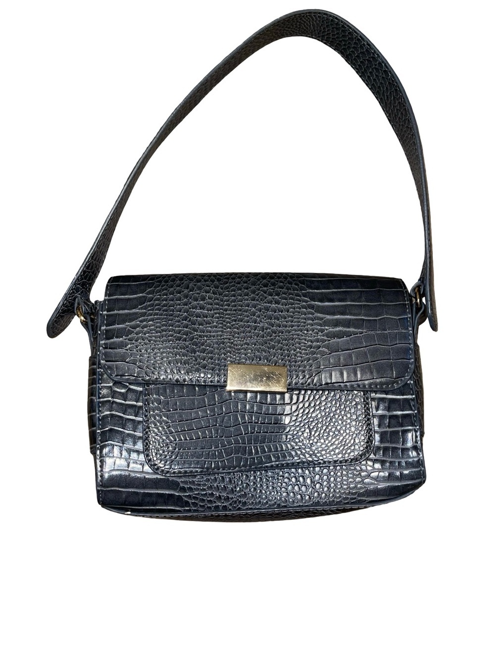 A New Day | Black Croc-Embossed Structured Shoulder Bag